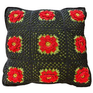 VTG Christmas Poinsettia Granny Square Crocheted Decorative Pillow